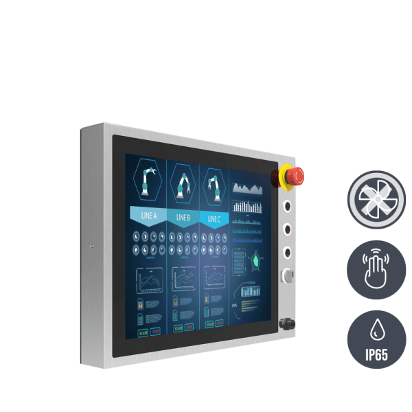 01-R15IE3S-SPC3-B-Front-left.png / TL Produkt-Welten / Panel-PC / Chassis Edelstahl (VESA-Mounting) / Multitouch-Screen, projiziert-kapazitiv (PCAP)