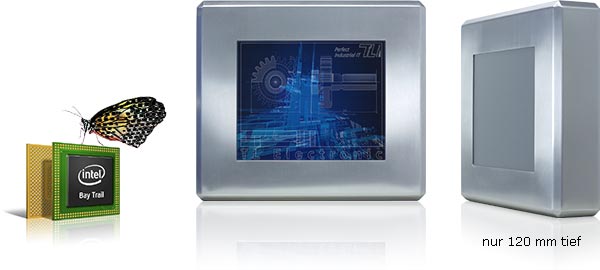 Das IP65-geschützte Edelstahl-Gehäuse der ESW480-Serie kapselt den Bay Trail Panel-Industrie-PC und ist nur 120 mm tief