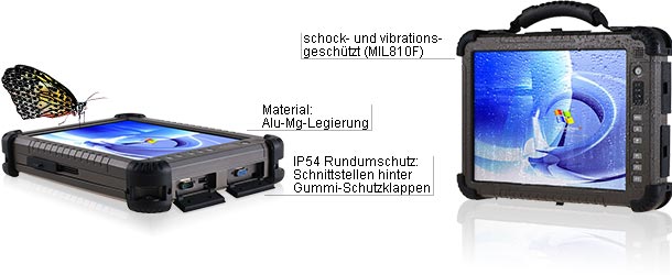 Der rugged Industrie-Tablet-PC RxxID8M-RT ist rundum geschützt gemäß IP65 sowie schock- und vibrationsgeschützt gemäß MIL-Std. 810F
