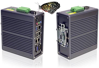 Mit einem rückseitigen Adapter kann man den kompakten Industrie-Box-PC DR2100 schnell und unkompliziert auf einer industrietypischen Hutschiene (engl.: DIN Rail) installieren